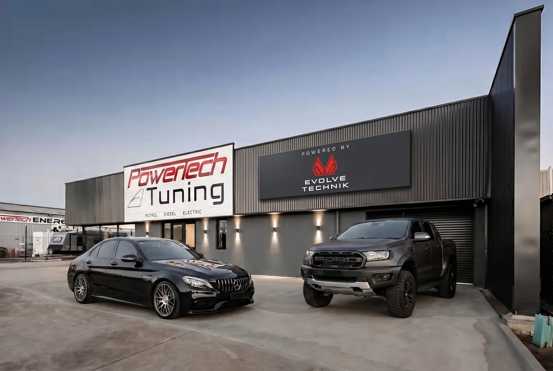 Power Tech Tuning workshop frontage, powered by Evolve Technik
